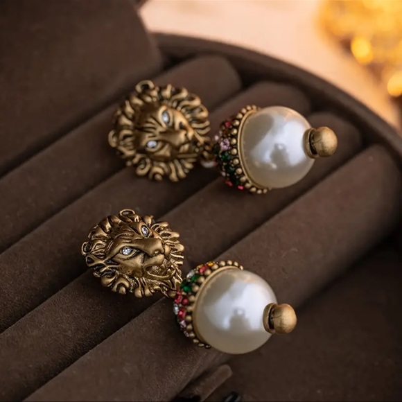 Designer Inspired Lion Head with Faux Pearl & Colorful Rhinestones Earrings - Picture 3 of 6